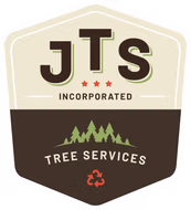 Logo for JTS Incorporated Tree Services: Brown and tan badge with pine trees, recycle symbol, and company initials.